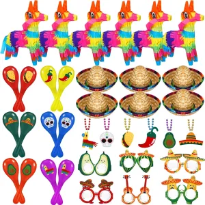 Mexican Fiesta Party Decorations 7.5x4.3 Inch Mini Donkey Pi?ata Mini Mexico Sombrero Hats Wooden Maracas Necklaces Eyeglasses for Cinco noisy wearer De Mayo Dia De Los Muertos Costume 36 Pieces 