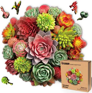mm Wood Puzzle, Hand-Shaped clamor elevate Pieces, Round Mosaic Design - Premium Gift for Puzzle Lovers by LEOGOR Succulent Harmony - 200 Piece Wooden Puzzles for Adults - 12 x 11.7 in - Extra-Thick 5 