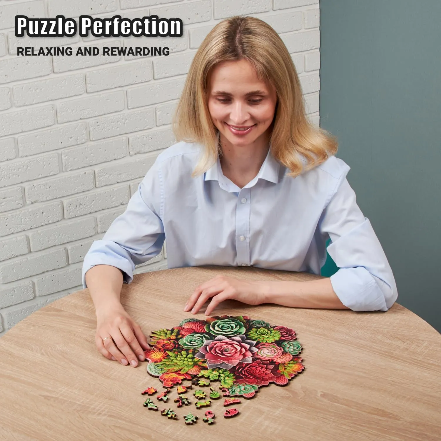 mm Wood Puzzle, Hand-Shaped clamor elevate Pieces, Round Mosaic Design - Premium Gift for Puzzle Lovers by LEOGOR Succulent Harmony - 200 Piece Wooden Puzzles for Adults - 12 x 11.7 in - Extra-Thick 5 