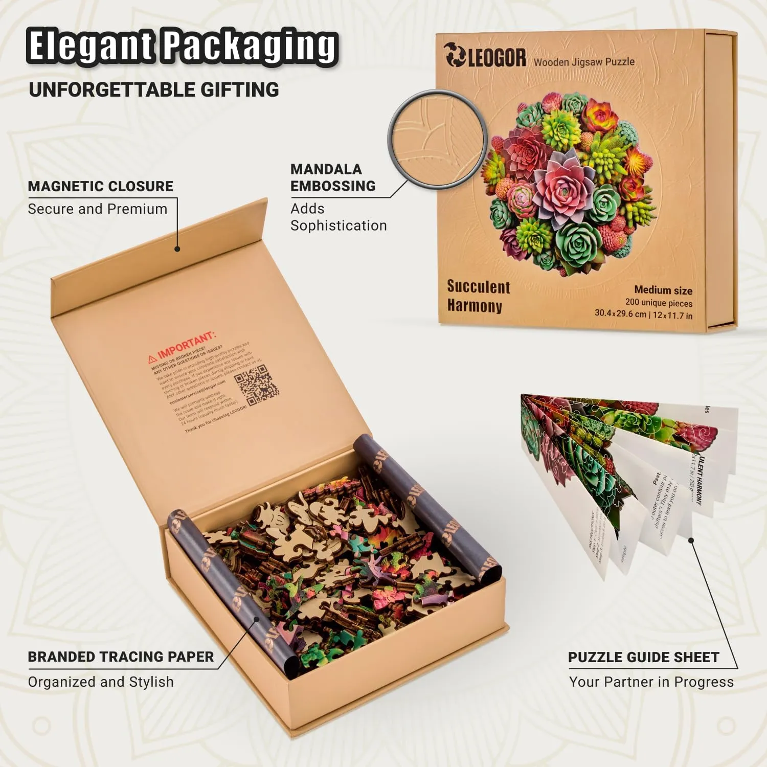 mm Wood Puzzle, Hand-Shaped clamor elevate Pieces, Round Mosaic Design - Premium Gift for Puzzle Lovers by LEOGOR Succulent Harmony - 200 Piece Wooden Puzzles for Adults - 12 x 11.7 in - Extra-Thick 5 