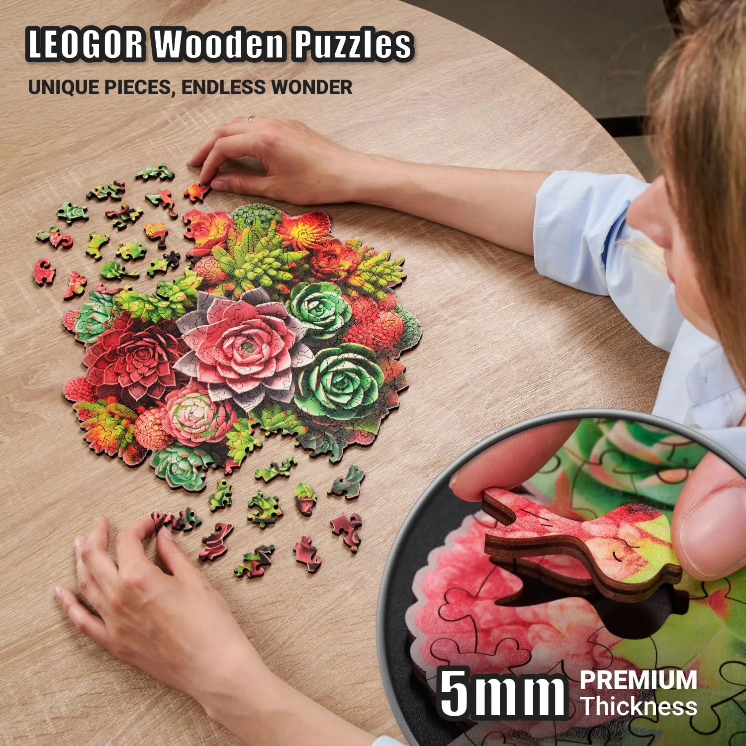 mm Wood Puzzle, Hand-Shaped clamor elevate Pieces, Round Mosaic Design - Premium Gift for Puzzle Lovers by LEOGOR Succulent Harmony - 200 Piece Wooden Puzzles for Adults - 12 x 11.7 in - Extra-Thick 5 