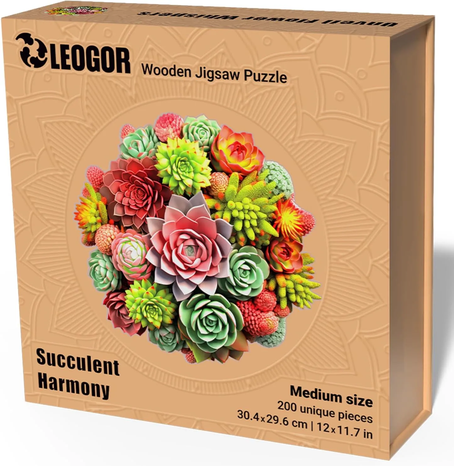 mm Wood Puzzle, Hand-Shaped clamor elevate Pieces, Round Mosaic Design - Premium Gift for Puzzle Lovers by LEOGOR Succulent Harmony - 200 Piece Wooden Puzzles for Adults - 12 x 11.7 in - Extra-Thick 5 