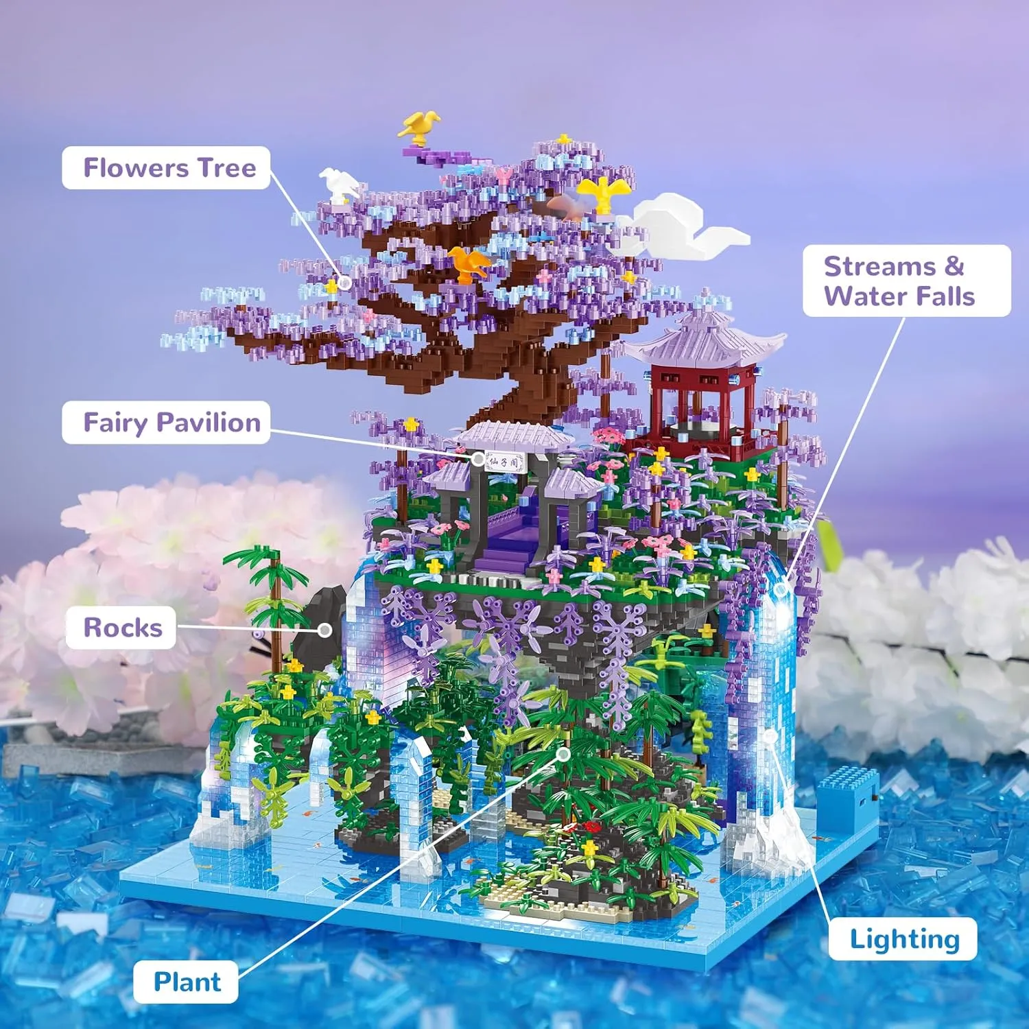 Moon Palace Pavilion Building Blocks Set - Micro Miniature Bonsai Tree House with String Lights restful tavernkeeper and Flowers for Adults and Kids (4574 Pieces) Chinese 