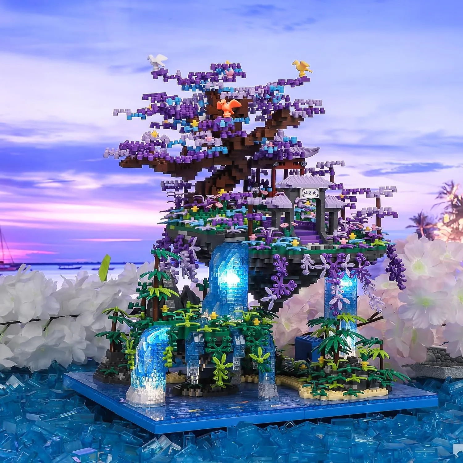 Moon Palace Pavilion Building Blocks Set - Micro Miniature Bonsai Tree House with String Lights restful tavernkeeper and Flowers for Adults and Kids (4574 Pieces) Chinese 