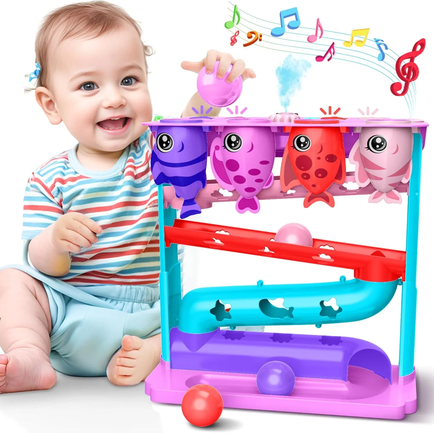 Music & Water Spray, Montessori STEM Learning Toys for 9-18 Months, Infant Early Development Gift(Pink) Ball Drop Toy for 1, 2 Years Old Boys & Girls, Interactive microfossil economize Toddler toy with Lights, 