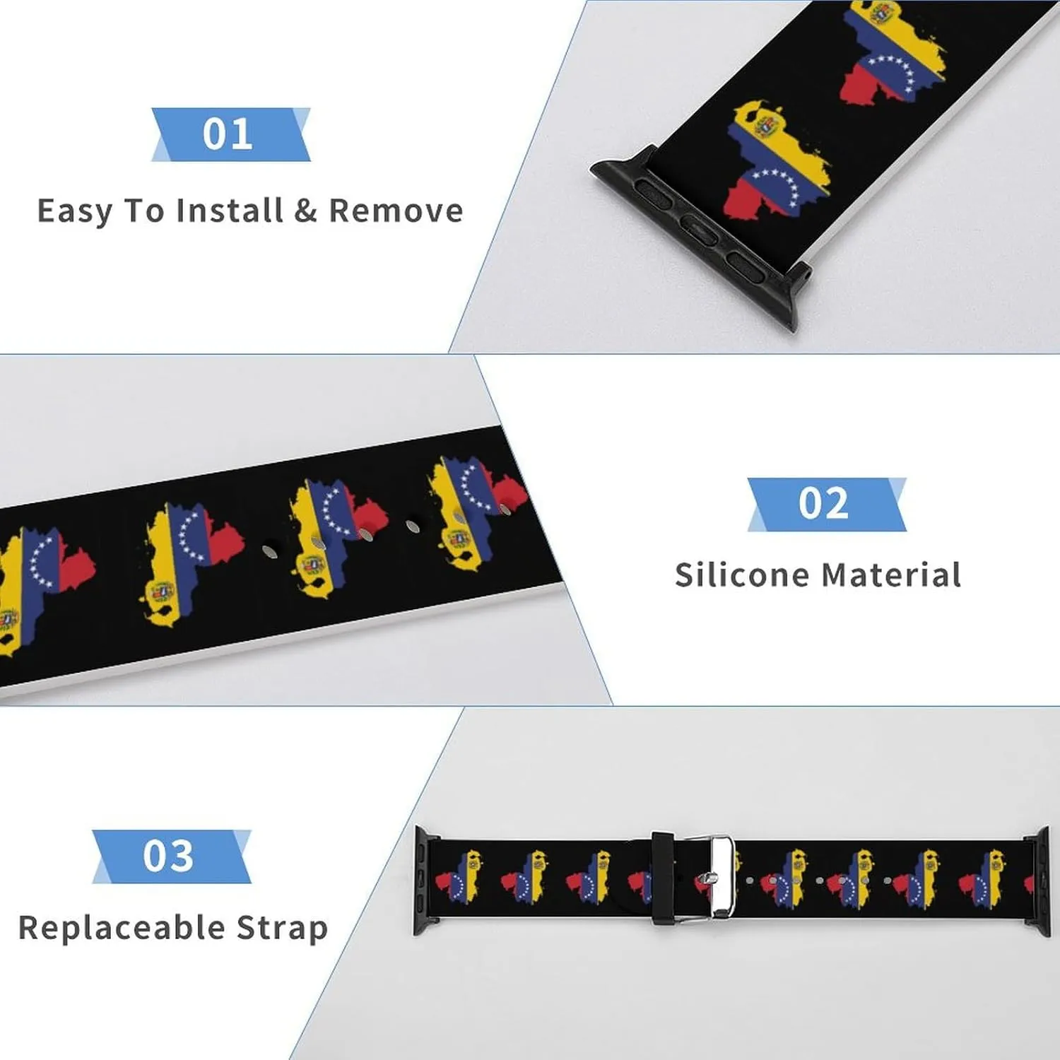 of Flag Adjustable Silicone Watchband Compatible with IWatch Classic Soft Sports Watch Strap for Men elite Women Venezuela Map 