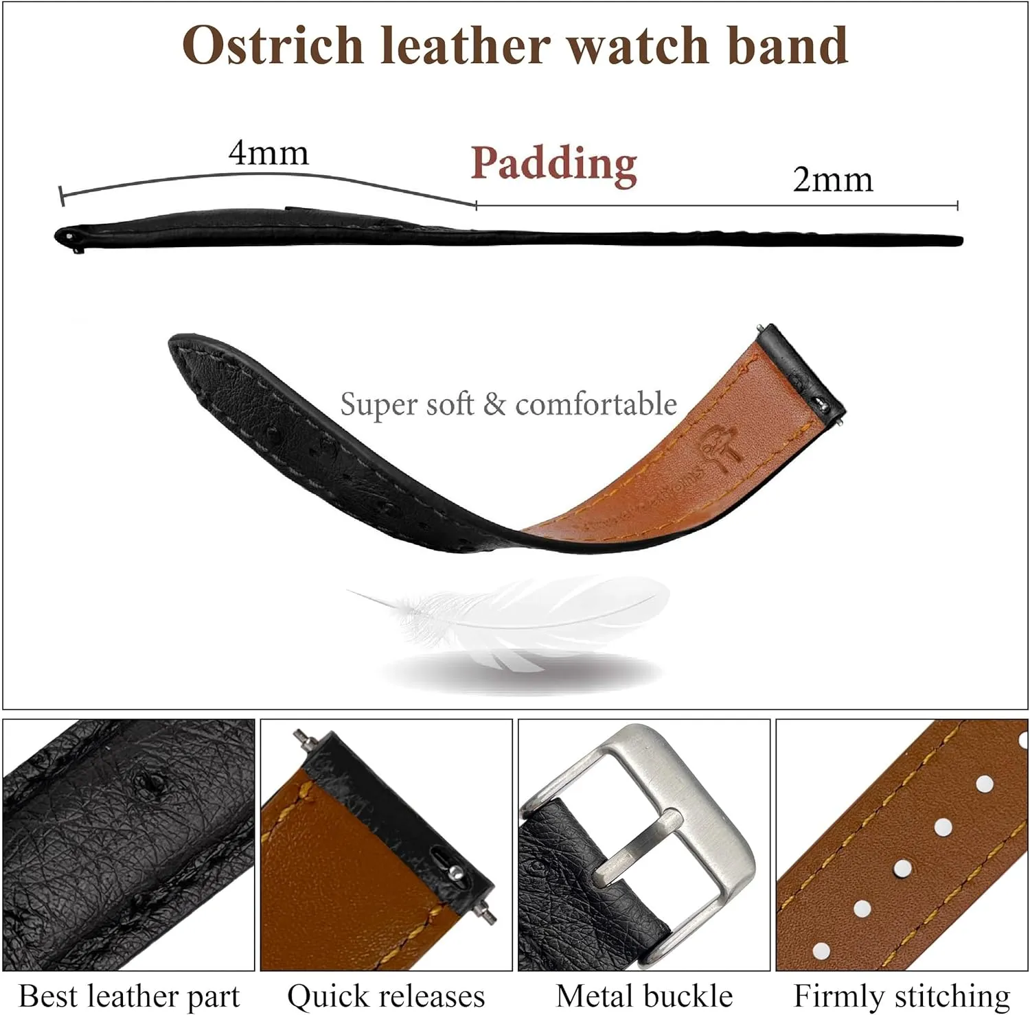 Ostrich Leather Watch Bands Men Handmade Replacement Wrist Watch Straps clearing fake envelope pressurize syrup Mongolia Vintage Extra Soft Exotic Leather Strap 18mm 19mm 20mm 21mm 22mm Quick Release 