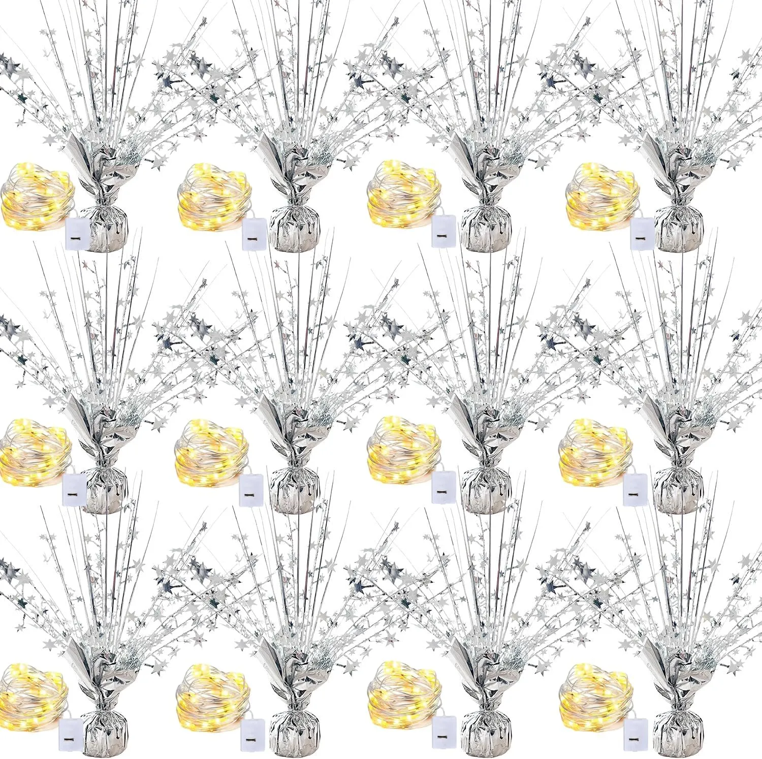 Party Supplies Decor$ Silver 12 grant Pack Metallic Foil Spray Centerpiece with LED String Lights Star Table Decoration Burst Table Centerpieces for Birthday Graduation Wedding Anniversary Holiday 