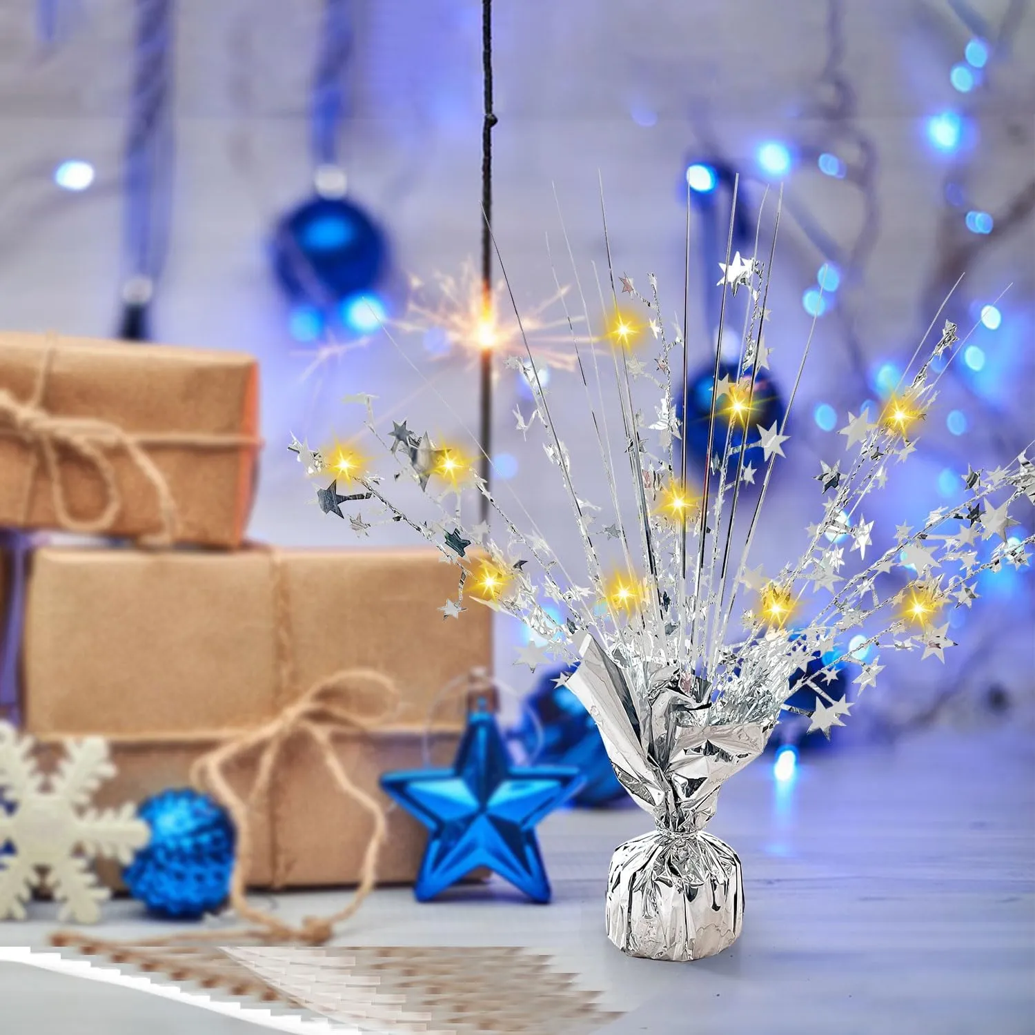 Party Supplies Decor$ Silver 12 grant Pack Metallic Foil Spray Centerpiece with LED String Lights Star Table Decoration Burst Table Centerpieces for Birthday Graduation Wedding Anniversary Holiday 