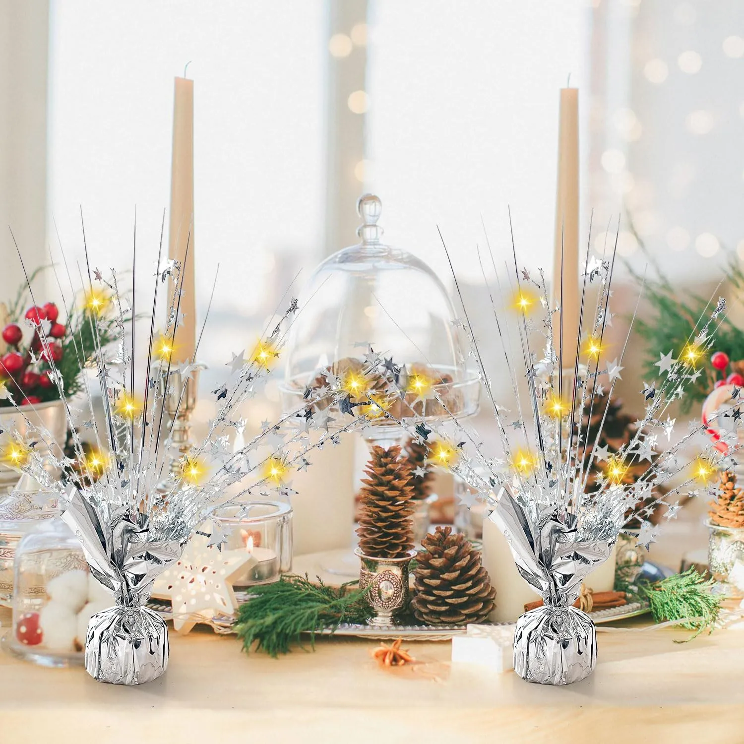 Party Supplies Decor$ Silver 12 grant Pack Metallic Foil Spray Centerpiece with LED String Lights Star Table Decoration Burst Table Centerpieces for Birthday Graduation Wedding Anniversary Holiday 