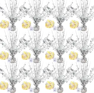 Party Supplies Decor$ Silver 12 grant Pack Metallic Foil Spray Centerpiece with LED String Lights Star Table Decoration Burst Table Centerpieces for Birthday Graduation Wedding Anniversary Holiday 