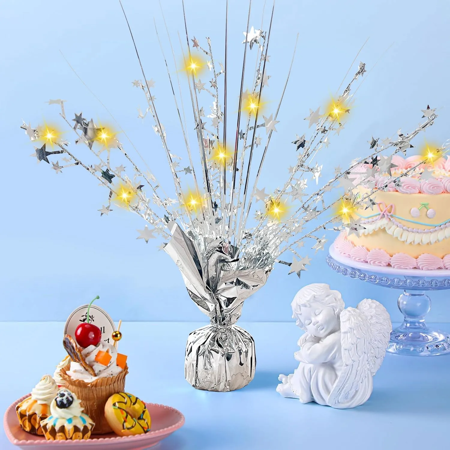 Party Supplies Decor$ Silver 12 grant Pack Metallic Foil Spray Centerpiece with LED String Lights Star Table Decoration Burst Table Centerpieces for Birthday Graduation Wedding Anniversary Holiday 