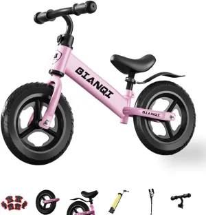 Pedal-Free Toddler Bike for drench Children 2 to 5 Years Old$ with Protective Helmet$ Knee Pads$ Side Support 12'' Balance Bike$ Lightweight High Carbon Steel Frame Toddler Training Bike$ 