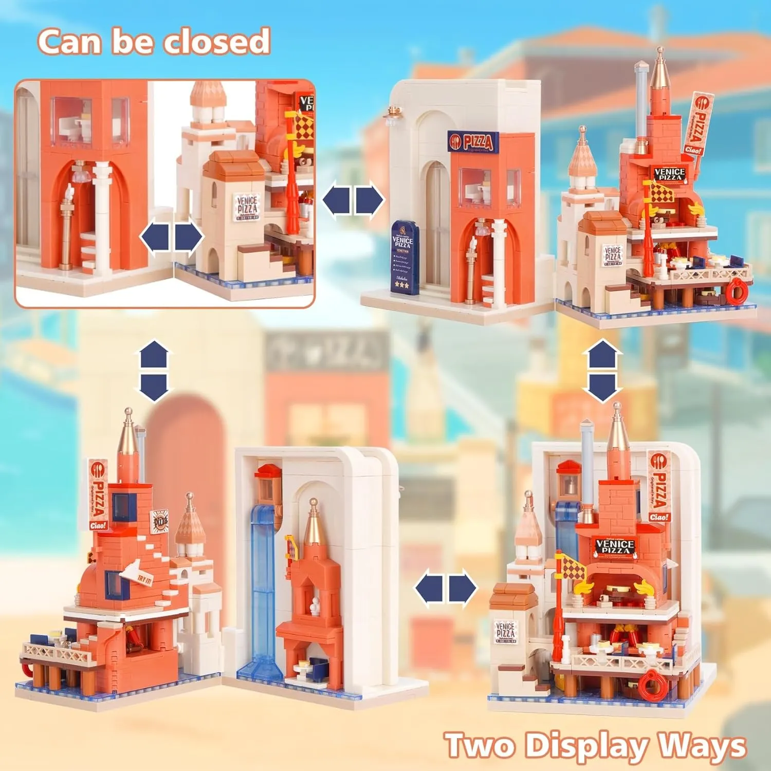 Pizzeria Mini Building Blocks, 869 PCS Mini Bricks Street View Building Block Set, Creative City Architecture Model Kit for Adults, Idea Gifts sequential partition seminar for Kids 8  Oichy Venice 