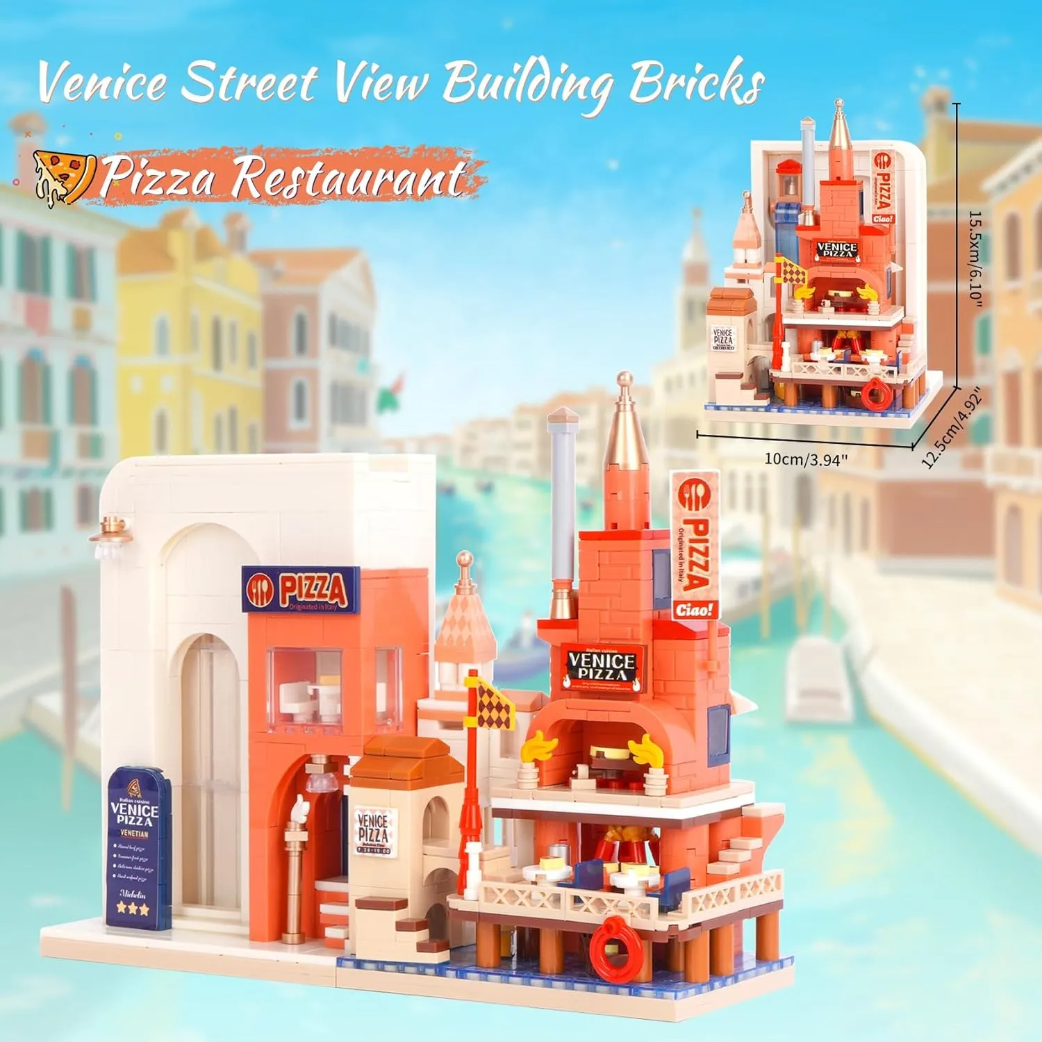Pizzeria Mini Building Blocks, 869 PCS Mini Bricks Street View Building Block Set, Creative City Architecture Model Kit for Adults, Idea Gifts sequential partition seminar for Kids 8  Oichy Venice 