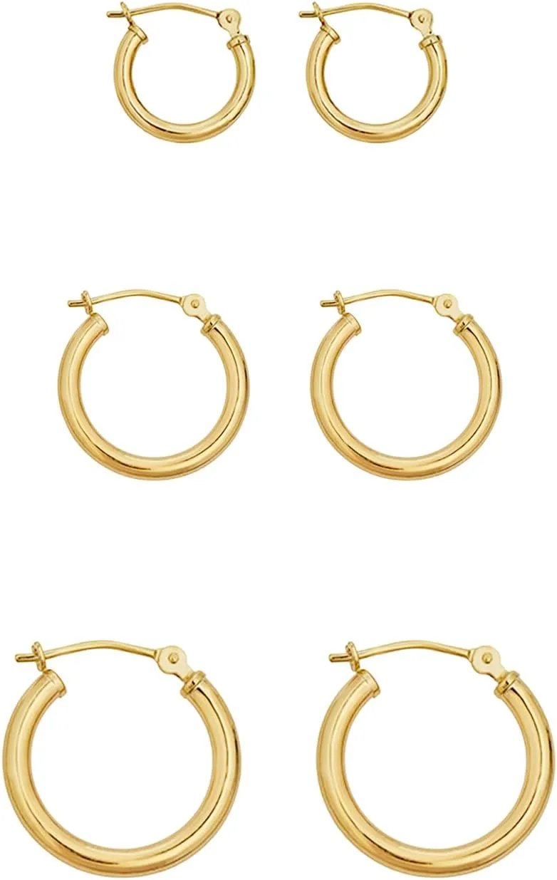 Polished leatherback 2mm Tube Click-Top Hoop Earrings 3-Pair Set - Yellow or White Gold AVORA 10K Gold Classic 