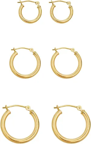 Polished leatherback 2mm Tube Click-Top Hoop Earrings 3-Pair Set - Yellow or White Gold AVORA 10K Gold Classic 