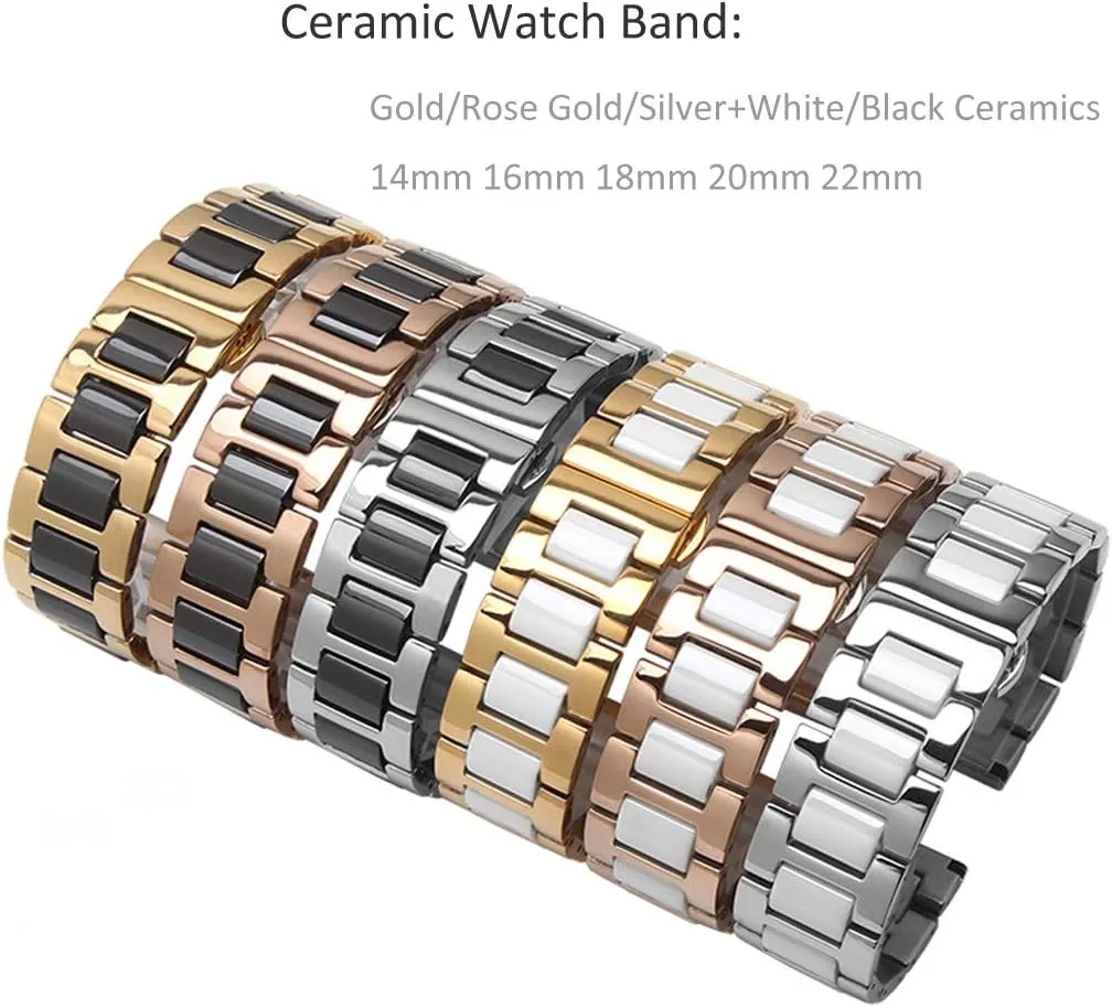 Push Button 18mm Watch Replacement for Men Women White surpass marvel Ceramic Watch Strap Bracelet Classy Watch Band Rose Gold Stainless Steel Bracelet Butterfly Clasp 