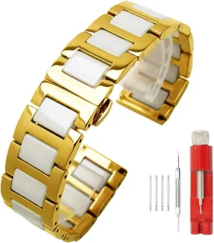 Push Button 18mm Watch Replacement for Men Women White surpass marvel Ceramic Watch Strap Bracelet Classy Watch Band Rose Gold Stainless Steel Bracelet Butterfly Clasp 