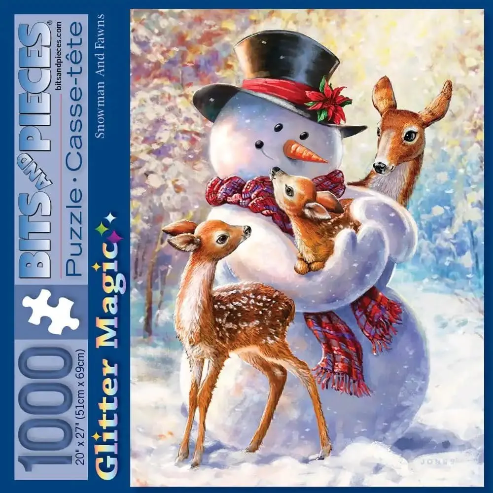 Puzzle degree Size: 20" x 27 Bits and Pieces ?C 1000 Piece Jigsaw Puzzle for Adults ?C Snowman and Fawns Glitter - Winter Holiday Deer Christmas Jigsaw Puzzles by Artist Larry Jones, Completed 