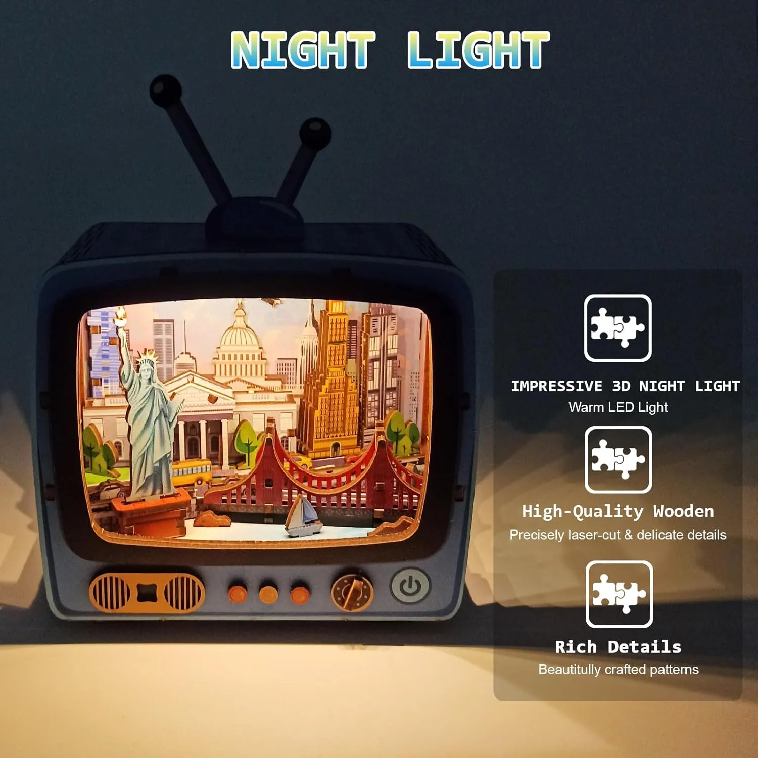 Puzzle Nightlight - DIY LED Lamp Kit for Kids & Adults - Creative Home Decor & Craft Gift - Perfect for Desk$ Bedroom$ perimeter connective amble or Family Fun Shuttle to New York 3D Wooden 