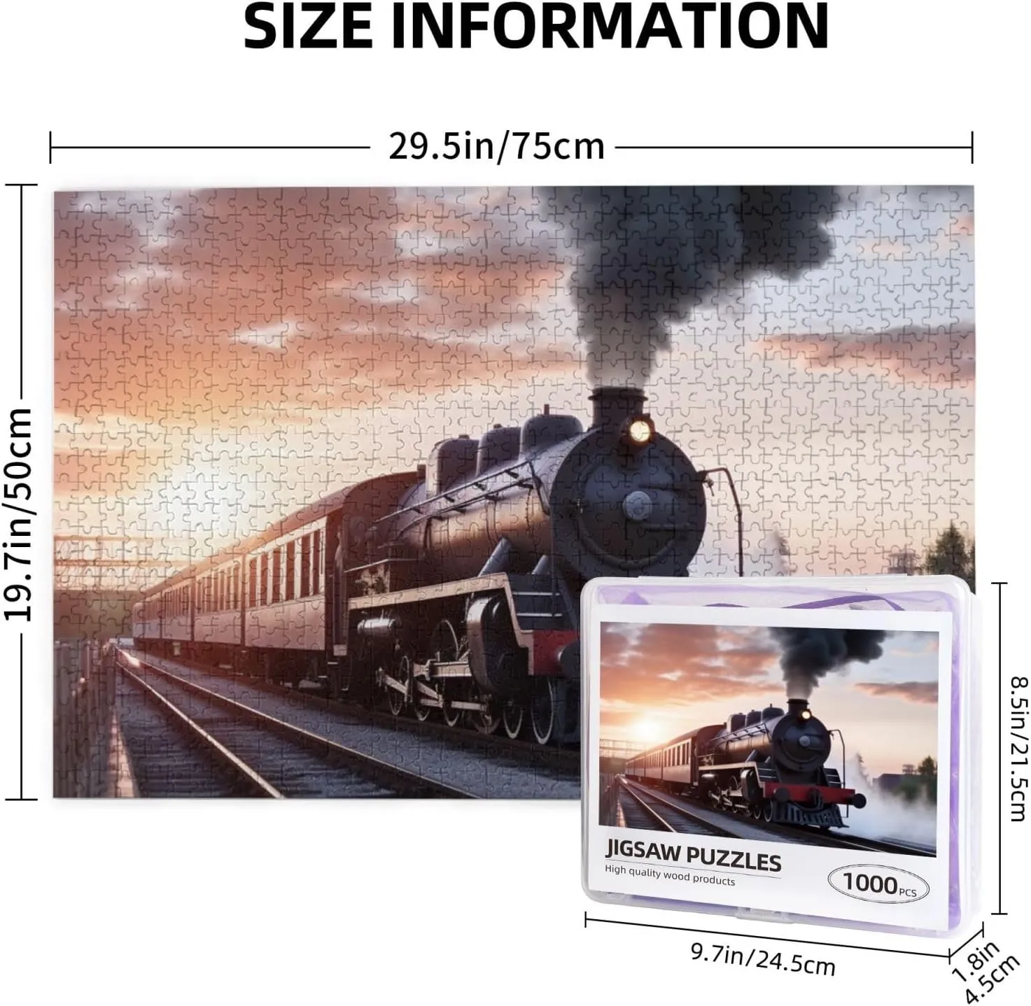 Puzzles 1000 Pieces with Storage Bag Personalized Jigsaw Puzzles for Men Women Picture Puzzle for Family Challenging Photos Puzzle crash donation flyway for Home Decor (29.5" x 19.7") Steam Train Depart Sunset 