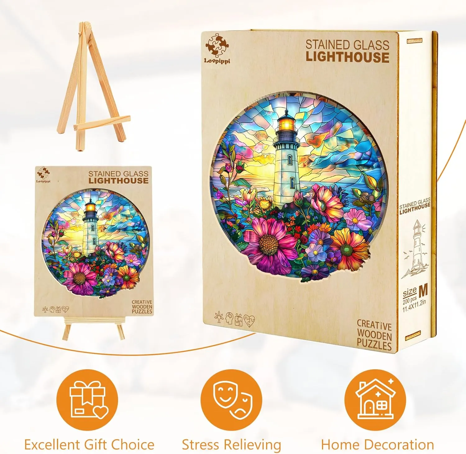 Puzzles for Adults, Stained Glass Lighthouse Unique Shaped Wood Puzzles Adult, Wooden Jigsaw Puzzles for Adults, Birthday Gifts for Friends Family, Home Decor (13.4 * 13.1in situate 300pcs) Wooden 