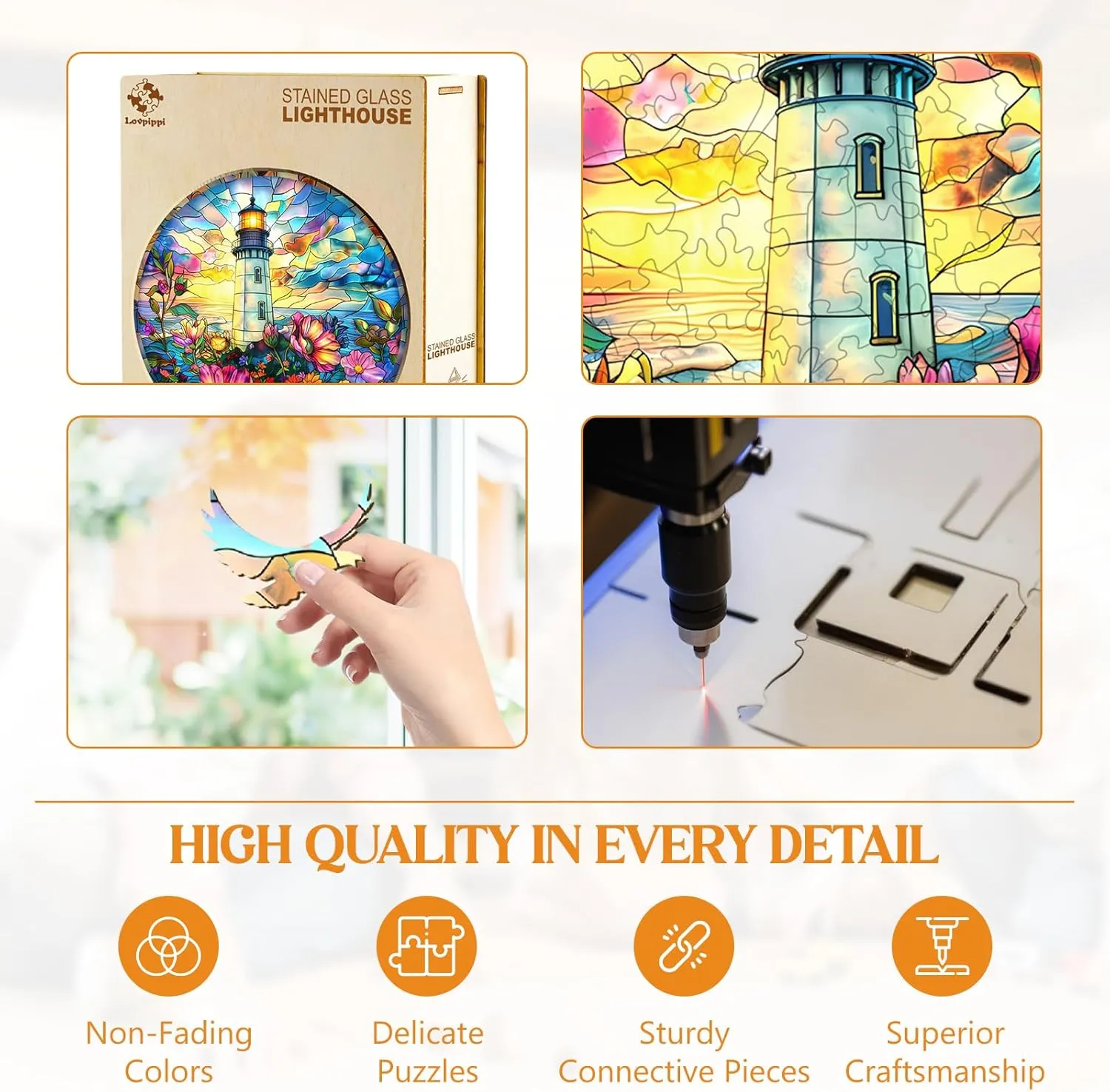 Puzzles for Adults, Stained Glass Lighthouse Unique Shaped Wood Puzzles Adult, Wooden Jigsaw Puzzles for Adults, Birthday Gifts for Friends Family, Home Decor (13.4 * 13.1in situate 300pcs) Wooden 