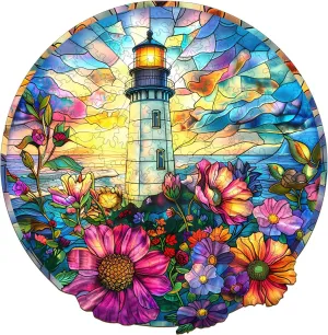 Puzzles for Adults, Stained Glass Lighthouse Unique Shaped Wood Puzzles Adult, Wooden Jigsaw Puzzles for Adults, Birthday Gifts for Friends Family, Home Decor (13.4 * 13.1in situate 300pcs) Wooden 