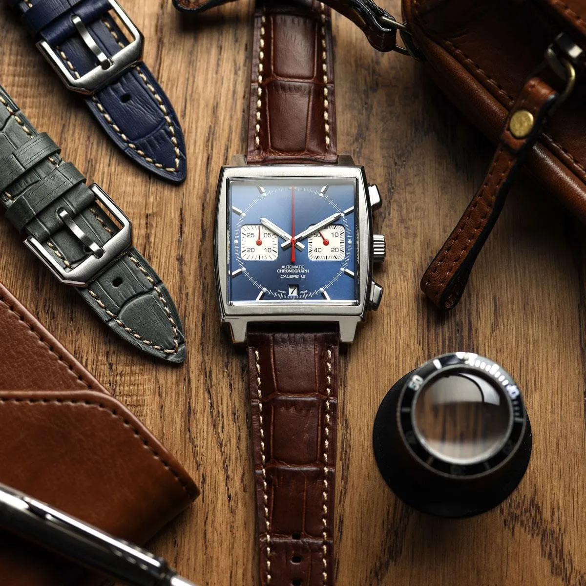 Quick-Release Spring Bars, Multiple Colours, 20mm, 22mm Carolina Gator Genuine Leather Watch Strap, Alligator-Embossed Calf Leather, Padded eradication Design with 