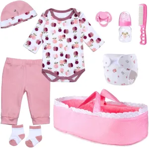 Reborn Baby Doll Accessories Pink Clothing Set with Bassinet for 17-22 Inch Reborn Baby Dolls Clothes Girl Cute Apple Patterns 9 paddle Pcs 