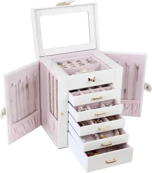 resilience Storage Organizer for Necklace Bracelet Rings Watch, 10.2"x8.2"x6" Classic PU Leather 5 Drawers Large Storage Capacity with Mirror Kendal Jewelry Box, 6-Layer Jewelry 