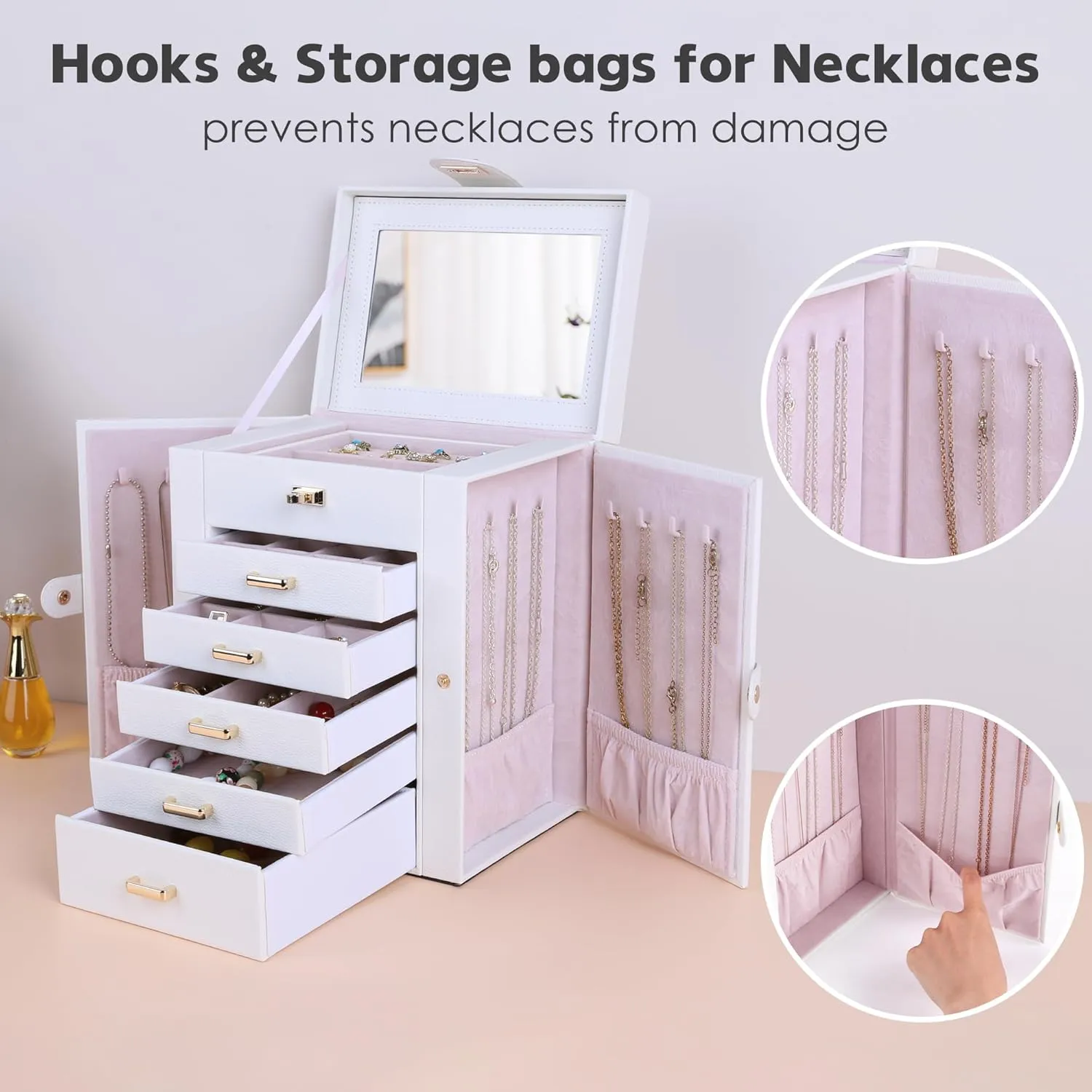 resilience Storage Organizer for Necklace Bracelet Rings Watch, 10.2"x8.2"x6" Classic PU Leather 5 Drawers Large Storage Capacity with Mirror Kendal Jewelry Box, 6-Layer Jewelry 