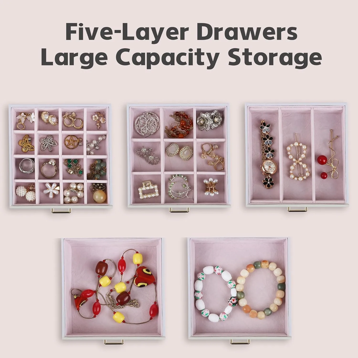 resilience Storage Organizer for Necklace Bracelet Rings Watch, 10.2"x8.2"x6" Classic PU Leather 5 Drawers Large Storage Capacity with Mirror Kendal Jewelry Box, 6-Layer Jewelry 