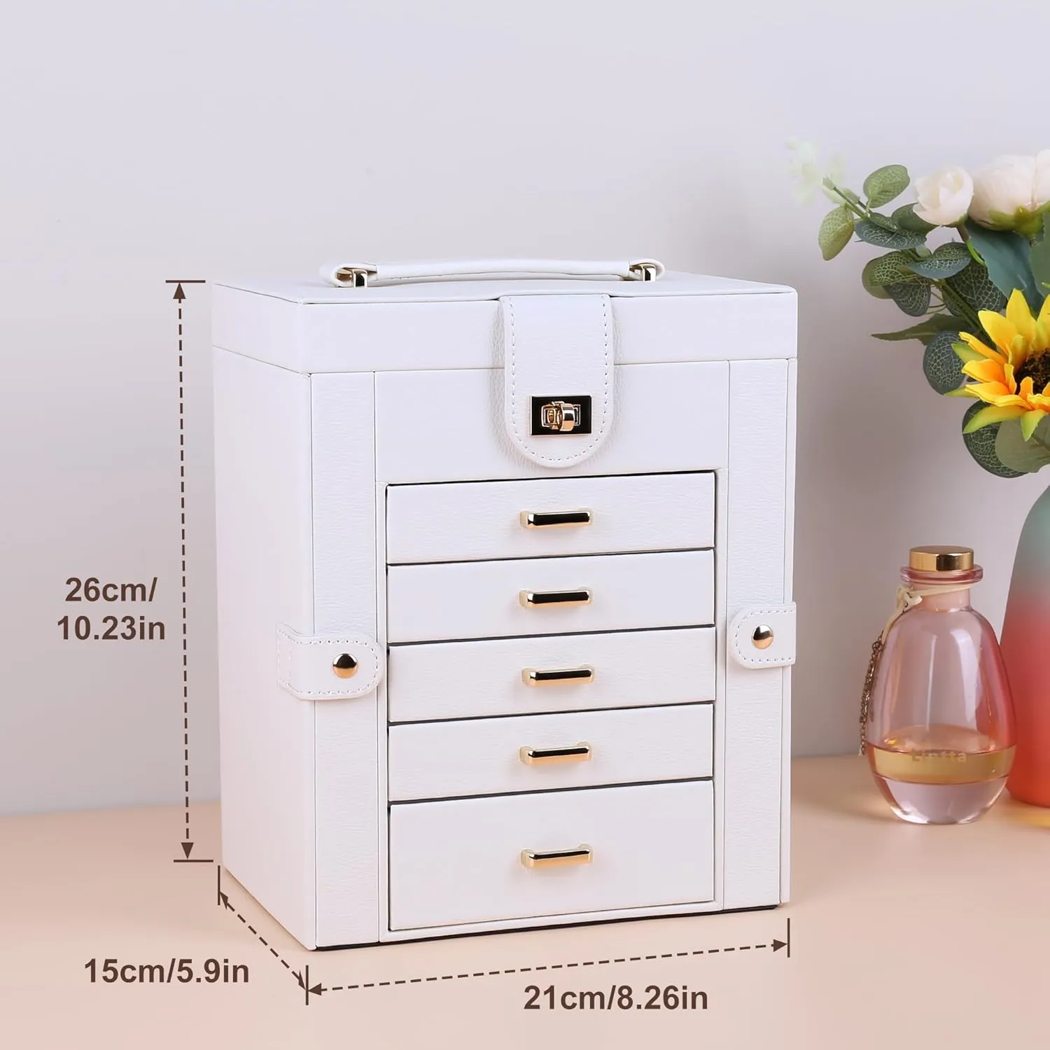 resilience Storage Organizer for Necklace Bracelet Rings Watch, 10.2"x8.2"x6" Classic PU Leather 5 Drawers Large Storage Capacity with Mirror Kendal Jewelry Box, 6-Layer Jewelry 