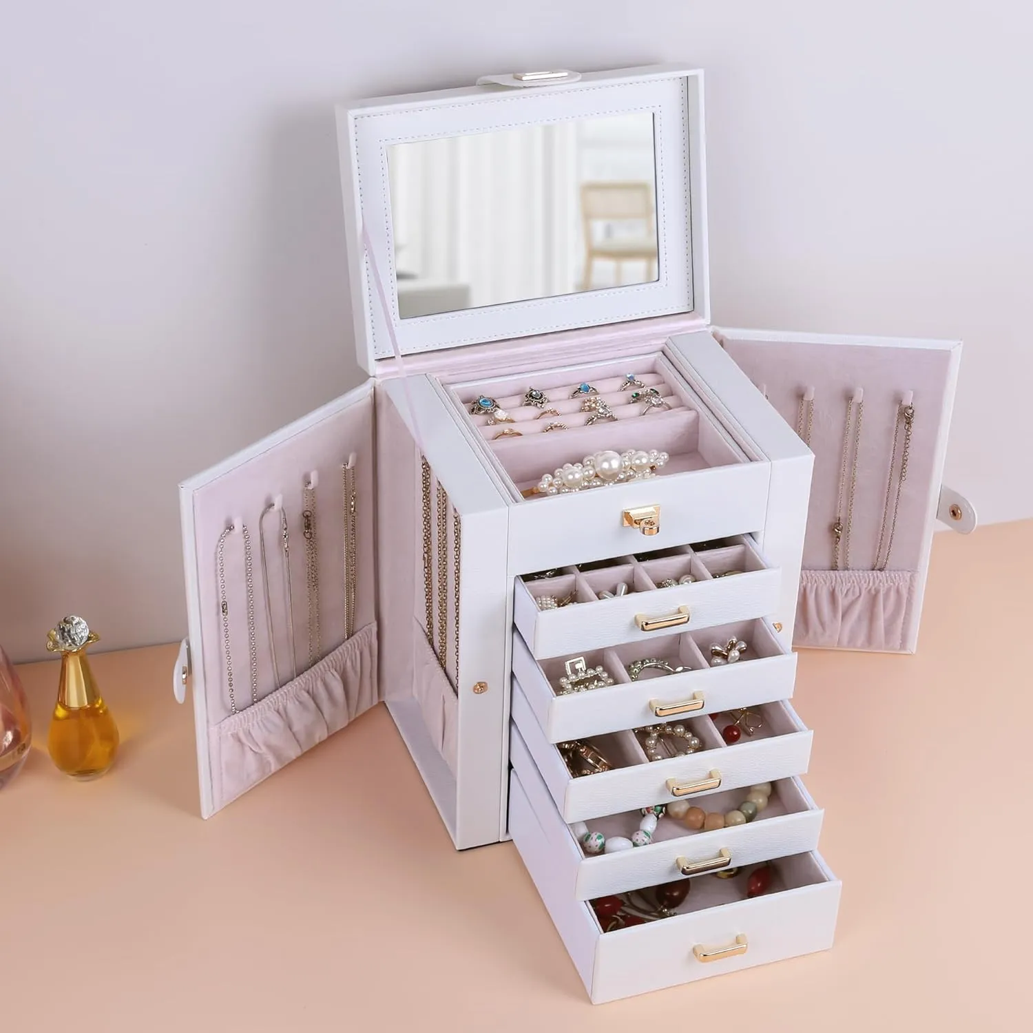 resilience Storage Organizer for Necklace Bracelet Rings Watch, 10.2"x8.2"x6" Classic PU Leather 5 Drawers Large Storage Capacity with Mirror Kendal Jewelry Box, 6-Layer Jewelry 