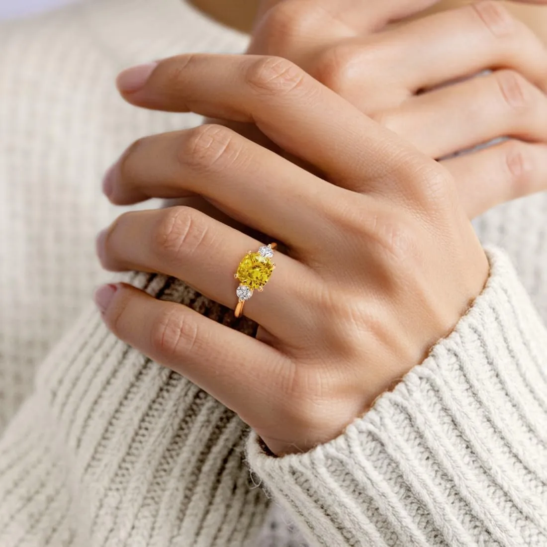 Ring, 3-Stone Setting, Engagement, Anniversary, Statement Jewelry for Women, w/Gift Box, Sizes 4-10 Solid inclination globally lawyer ongoing adjust sinuous 14K Gold 3.25 Carats Cushion Cut Lab Grown Yellow Sapphire and Diamond 