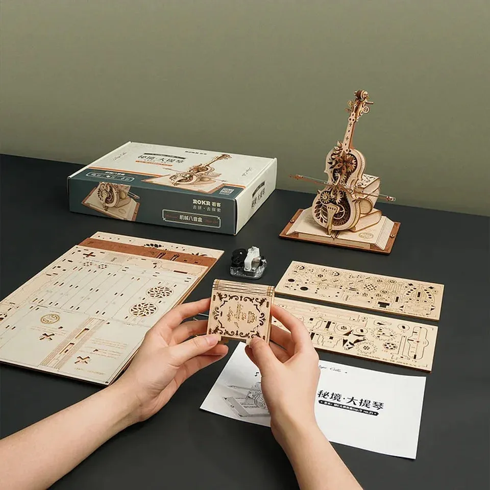 Robotime 3D Wooden Puzzle ROKR Funny Magic Cello Mechanical Music Instrument Creative Toys for Child  AMK63