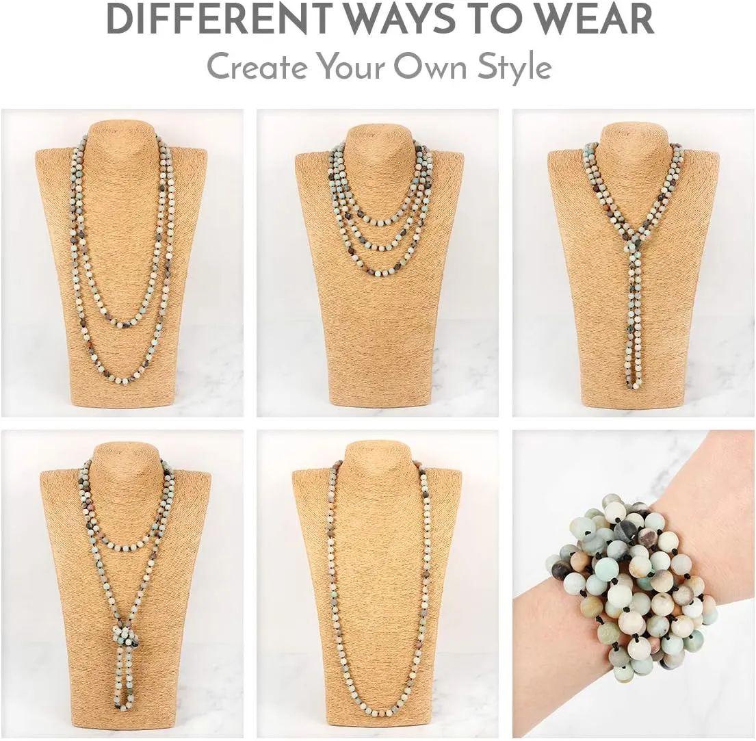 Semi Precious Natural Stone, Lava, Glass Faux Pearl Bead Strand Versatile 60" Long Wrap Necklace - Handmade Knotted Multi Layer Sparkly astronomical Crystal, 