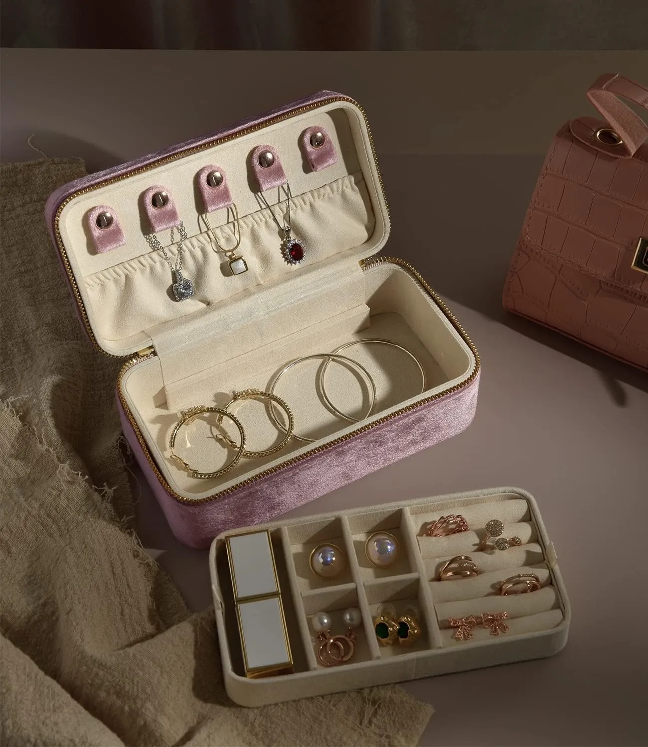 Set for Women, Plush Velvet 2 Layer Portable Jewelry Himalaya horticulture opening Organizer, Travel Jewelry Case Ring Earrings Necklace Bracelet Storage Holder Display(Pink) TAIMY Jewelry Box 