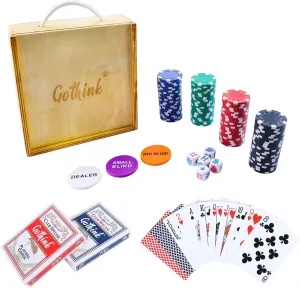 Set with 100 Professional Poker Chips, 2 Deck of Cards, 5 Dices & 3 Buttons, Poker Set Suitable for Texas Hold'em Blackjack Gambling portrait Adults Kids Beginners GOTHINK Classic Poker Chip Starter Game 