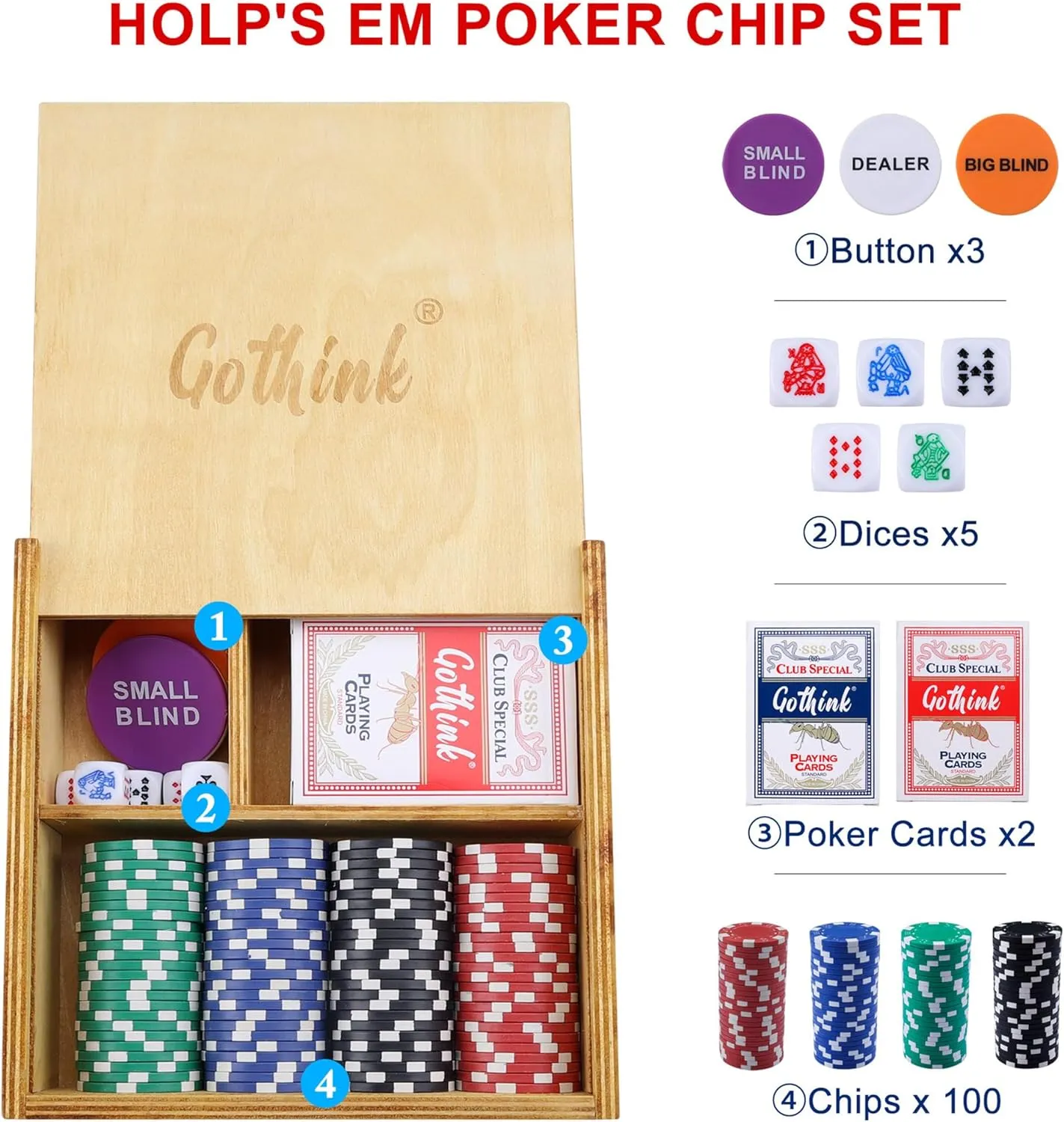 Set with 100 Professional Poker Chips, 2 Deck of Cards, 5 Dices & 3 Buttons, Poker Set Suitable for Texas Hold'em Blackjack Gambling portrait Adults Kids Beginners GOTHINK Classic Poker Chip Starter Game 