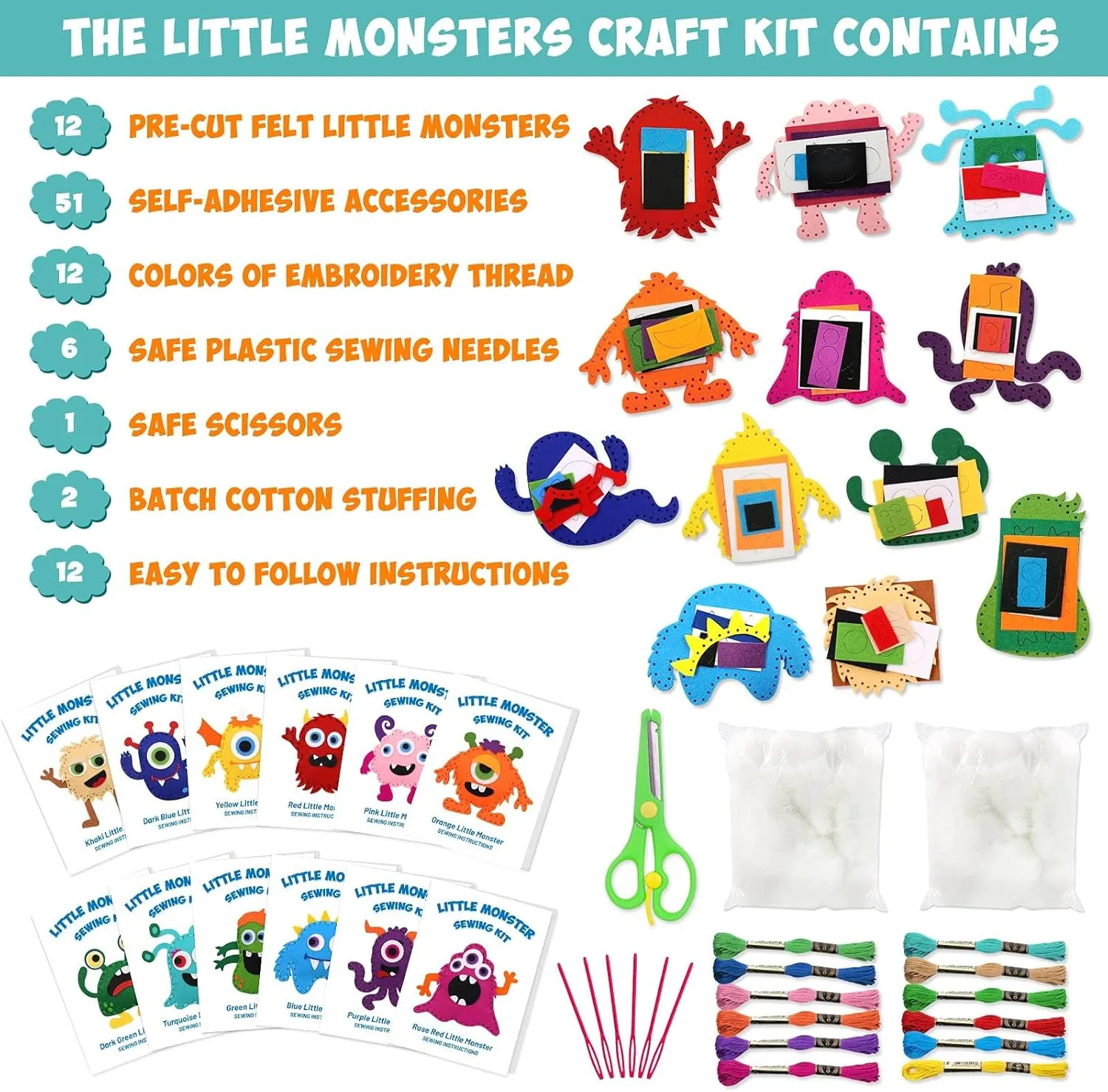 Sewing Art Educational Toys Monster Craft Gift dietary misdeed hive Learn How to Sew for Beginners Set of 12 Sewing Kits CiyvoLyeen Little Monsters Craft Kit Adopt A Monster Felt Plush DIY 