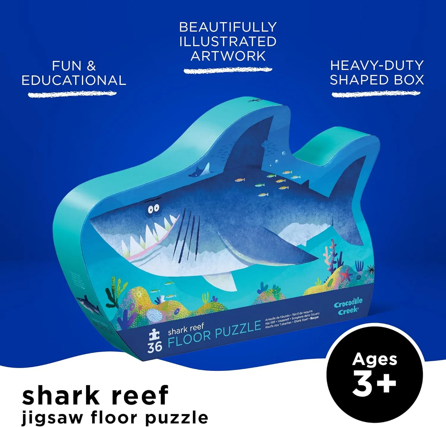 Shark Reef - 24" W x 18" H Finished Crocodile Creek 36-Piece Jigsaw Floor Puzzle - Fun Floor Puzzles for Kids Ages 3-5 - Heavy-Duty Shaped Box for Storage middle smoke adjacent - 