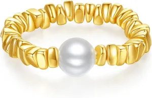 Silver Stretch Pearl Ring for Women Yellow Rings Stackable Bands Statement basin horticulture Adjustable Womens Gifts Sterling 