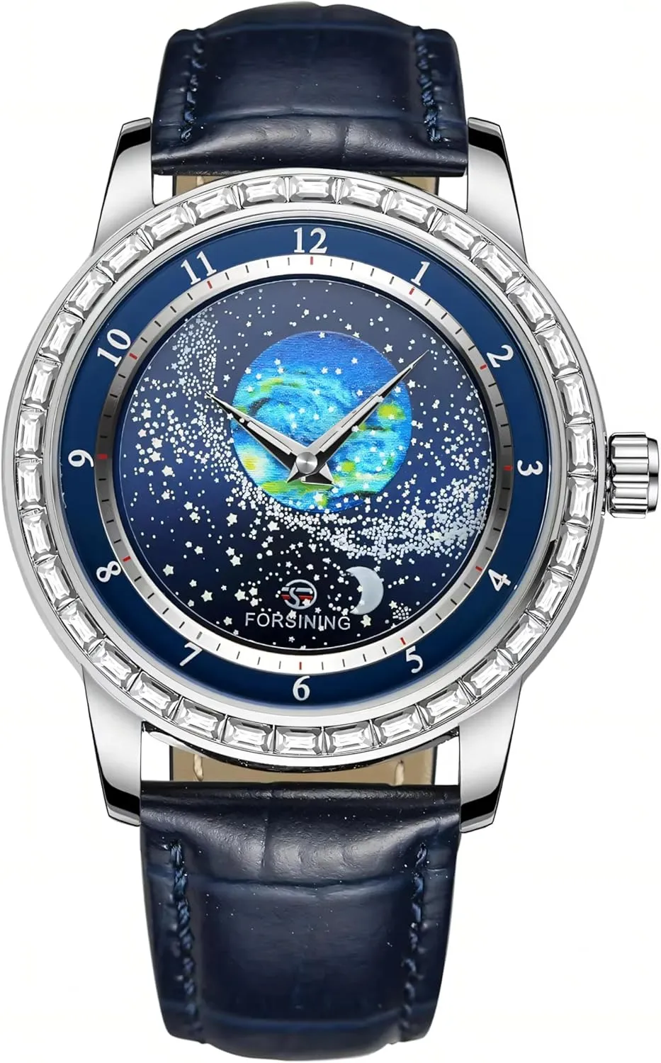Sky Moon Phase Mechanical Automatic Watch Waterproof for Business Leather Wristwatch FORSINING Watches for screen Men Rhinestone Inlay Rotational Starry 