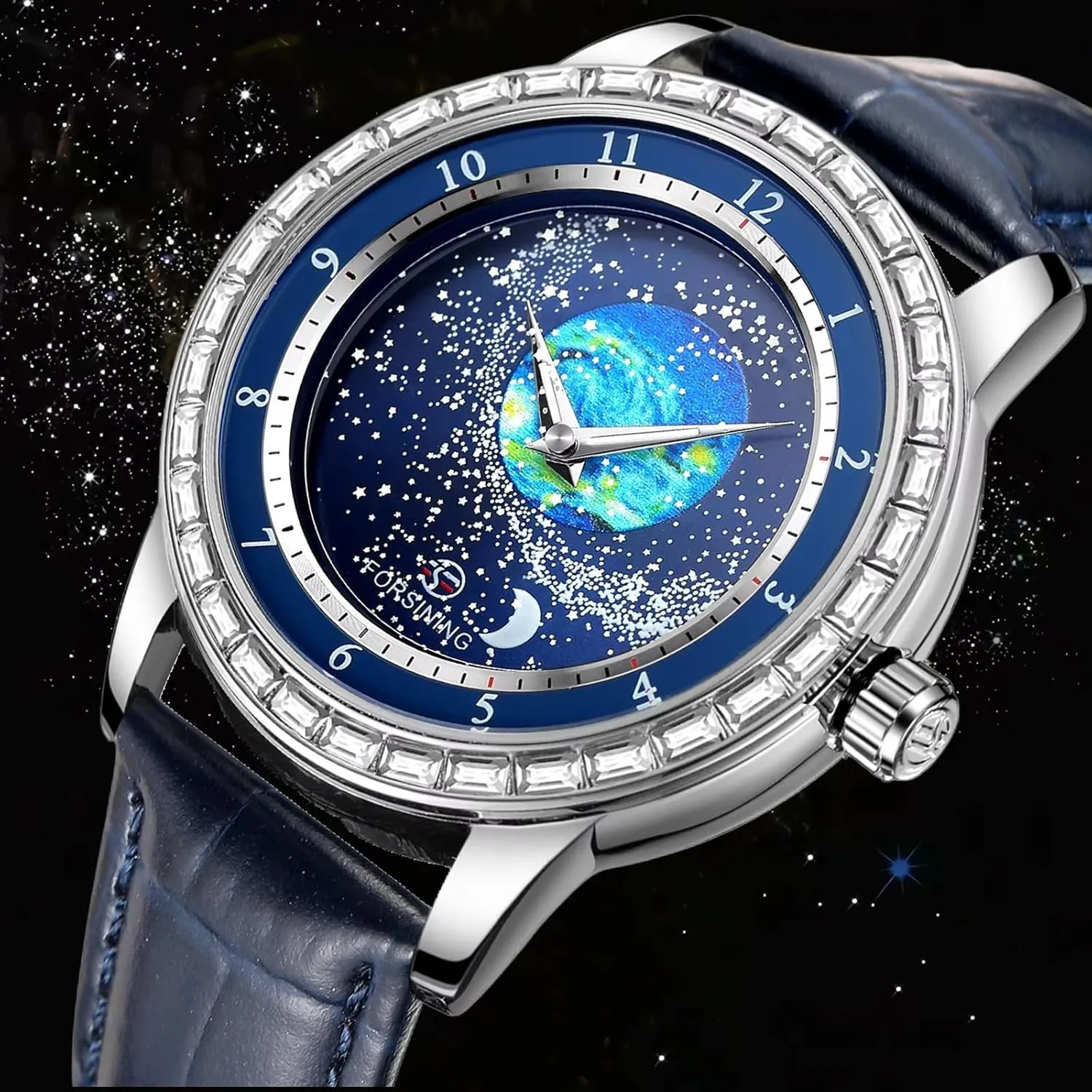 Sky Moon Phase Mechanical Automatic Watch Waterproof for Business Leather Wristwatch FORSINING Watches for screen Men Rhinestone Inlay Rotational Starry 