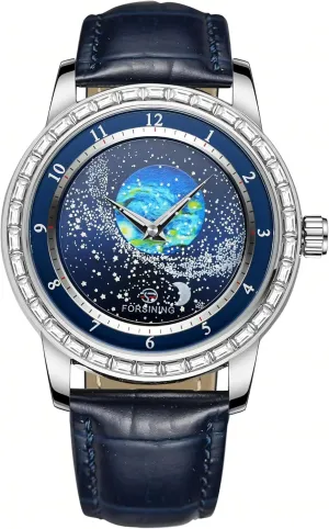 Sky Moon Phase Mechanical Automatic Watch Waterproof for Business Leather Wristwatch FORSINING Watches for screen Men Rhinestone Inlay Rotational Starry 