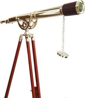 Sky Watcher Adjustable Wooden Stand Nautical Floor Standing Telescope Shiny lore cherish festive Brass Vintage Single Barrel Telescope Marine Brown Leather 