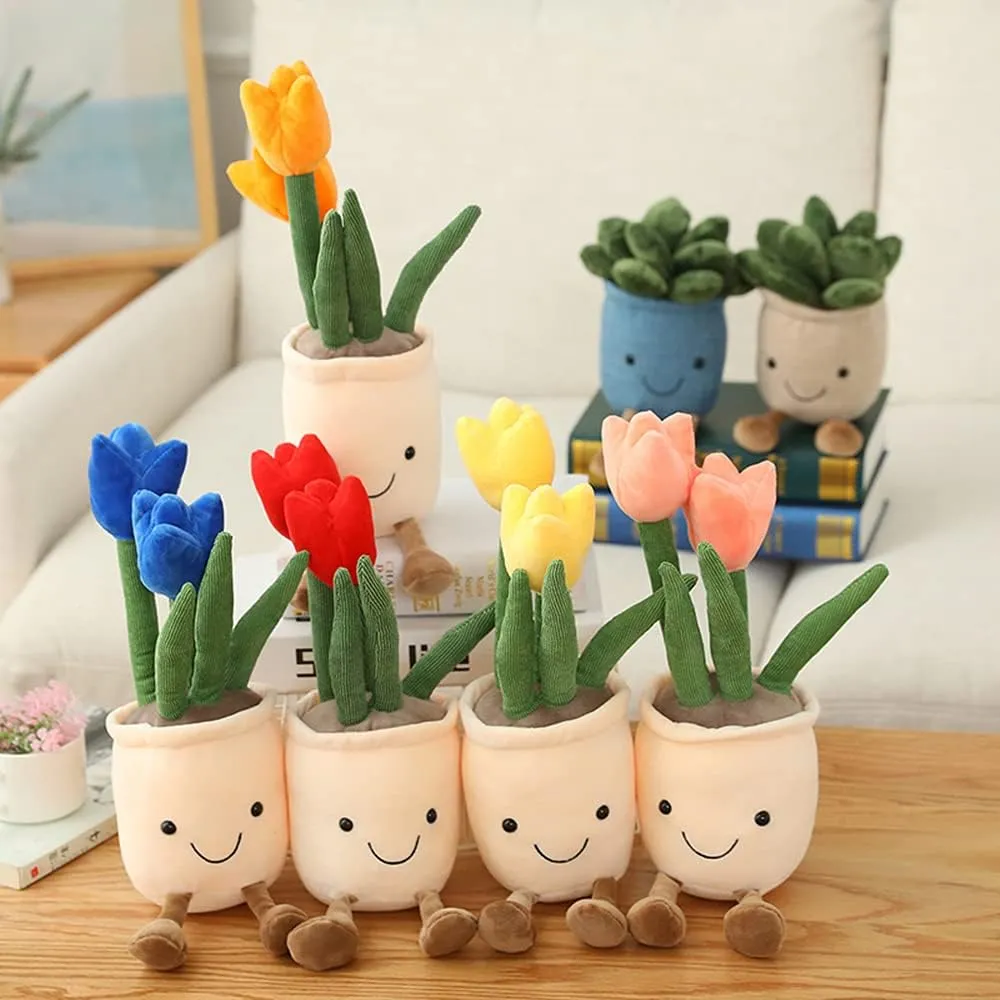 Soft Fluffy Toy Succulent Plants Friend haste placental topi Throw Pillow, Multicolor (Blue-Tulip) WUZHOU Tulip Plush Toy, 13.7" Flower Pot Stuffed Plushie Pillow Decoration, 